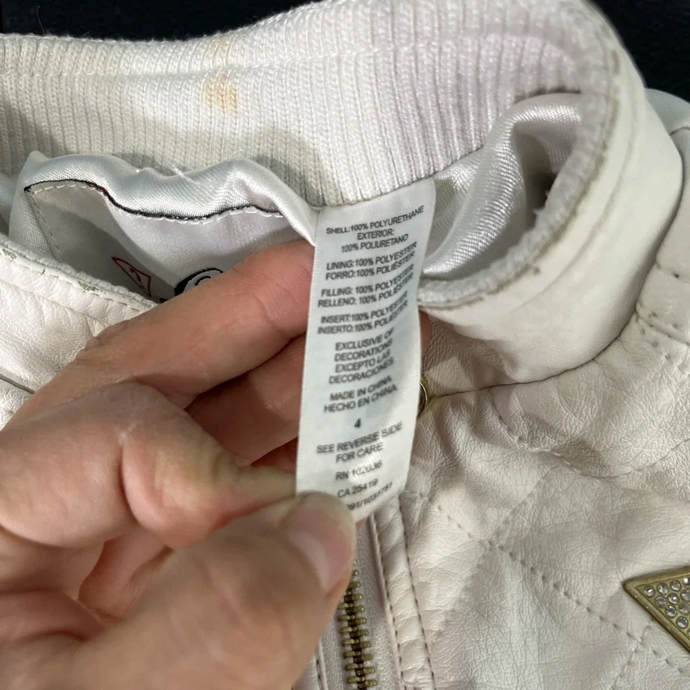 Guess Jacket Girls 4 White‎ Faux Leather Quilted Moto Rhinestone Logo Gold Zip